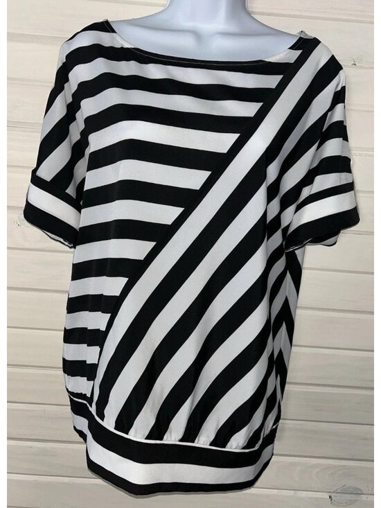 White House Black Market Tops - WHBM Sz SMALL Black White Mixed Stripe Top Dolman Sleeve Boat Neck EUC